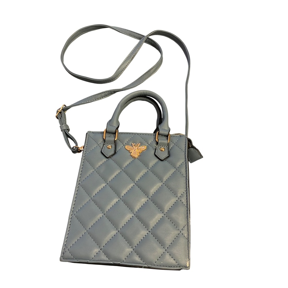 Quilted Blue Bee Crossbody Bag Mini Tote Gold Hardware Striped Lining